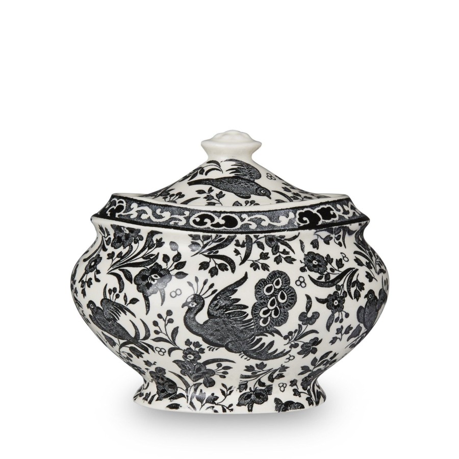 Serving Burleigh Pottery | Black Regal Peacock Jam Pot / Covered Sugar Pot 480G/1Lb