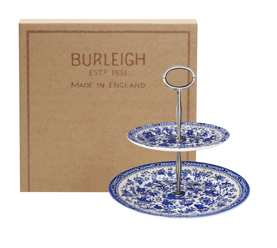 Cake Stands Burleigh Pottery | Blue Regal Peacock 2 Tier Cake Stand Gift Boxed (17.5Cm, 25Cm)