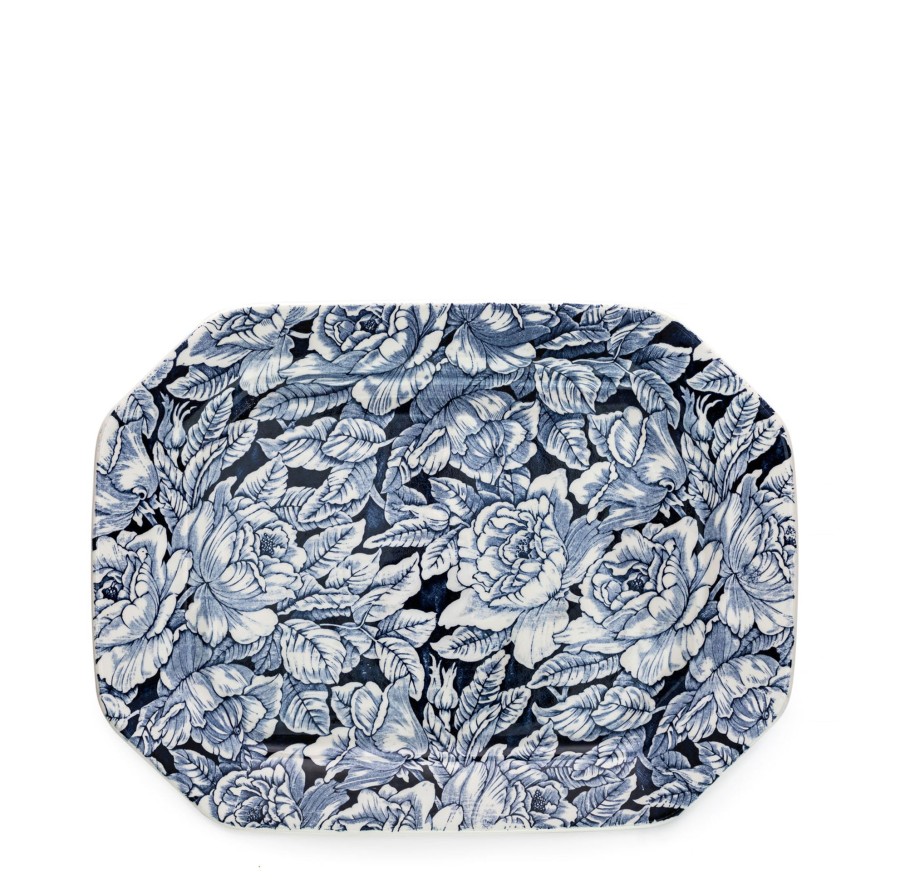 Serving Burleigh Pottery | Ink Blue Hibiscus Rectangular Platter 34Cm