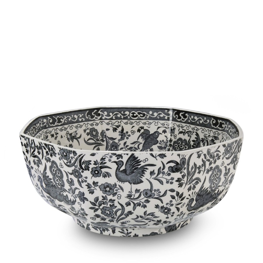 Serving Burleigh Pottery | Black Regal Peacock Octagonal Bowl Medium 20.5Cm/8"