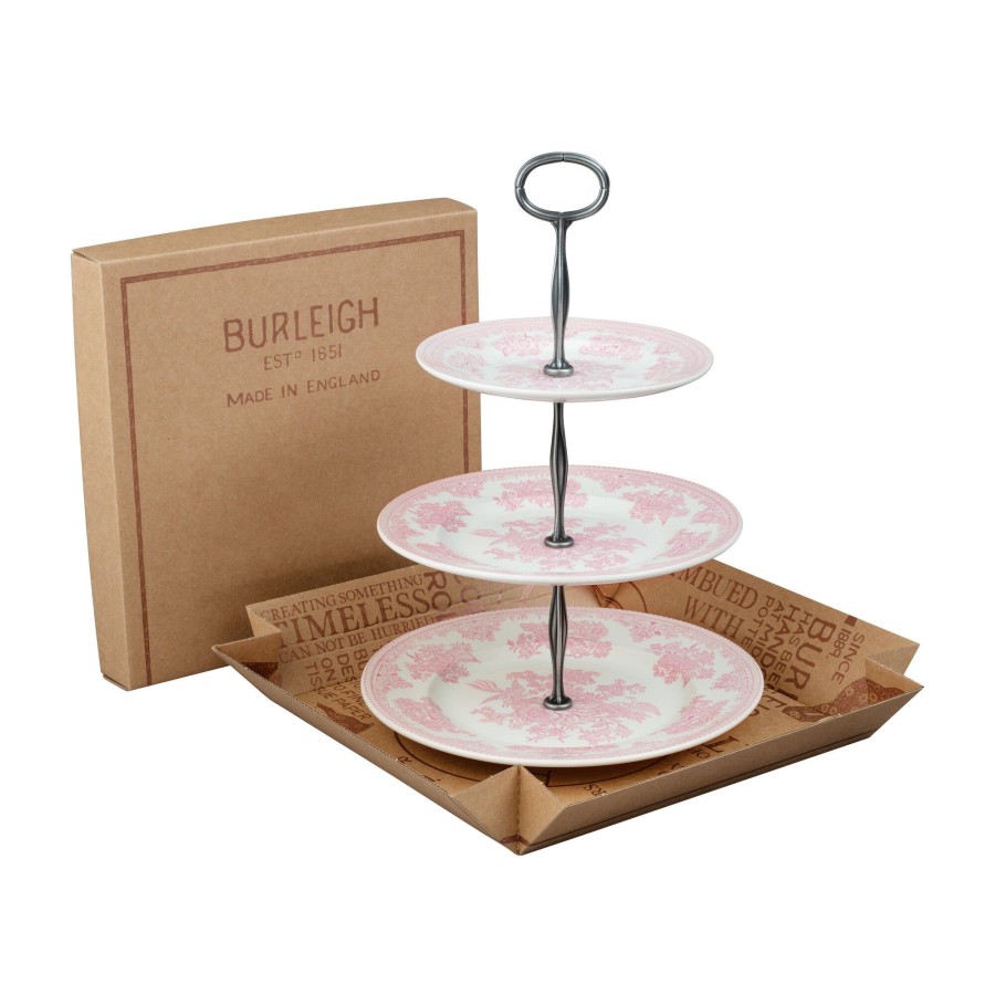 Cake Stands Burleigh Pottery | Pink Asiatic Pheasants 3 Tier Cake Stand Gift Boxed (17.5Cm, 22Cm, 25C