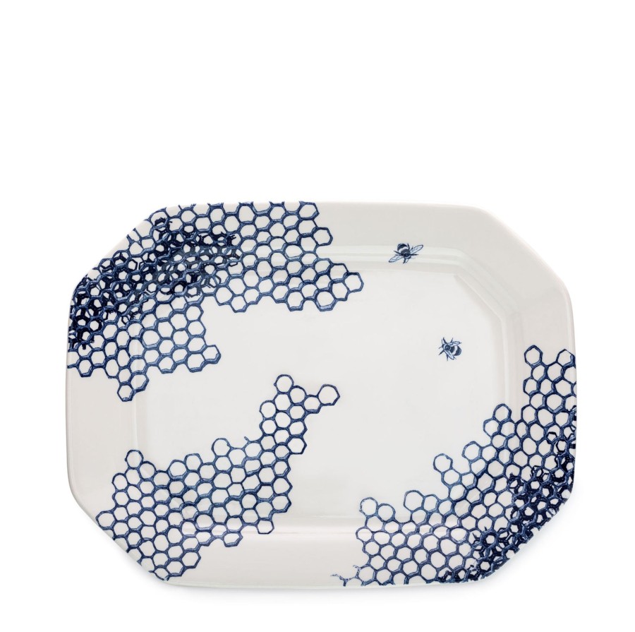 Serving Burleigh Pottery | Ink Blue Pollen Rectangular Platter 34Cm