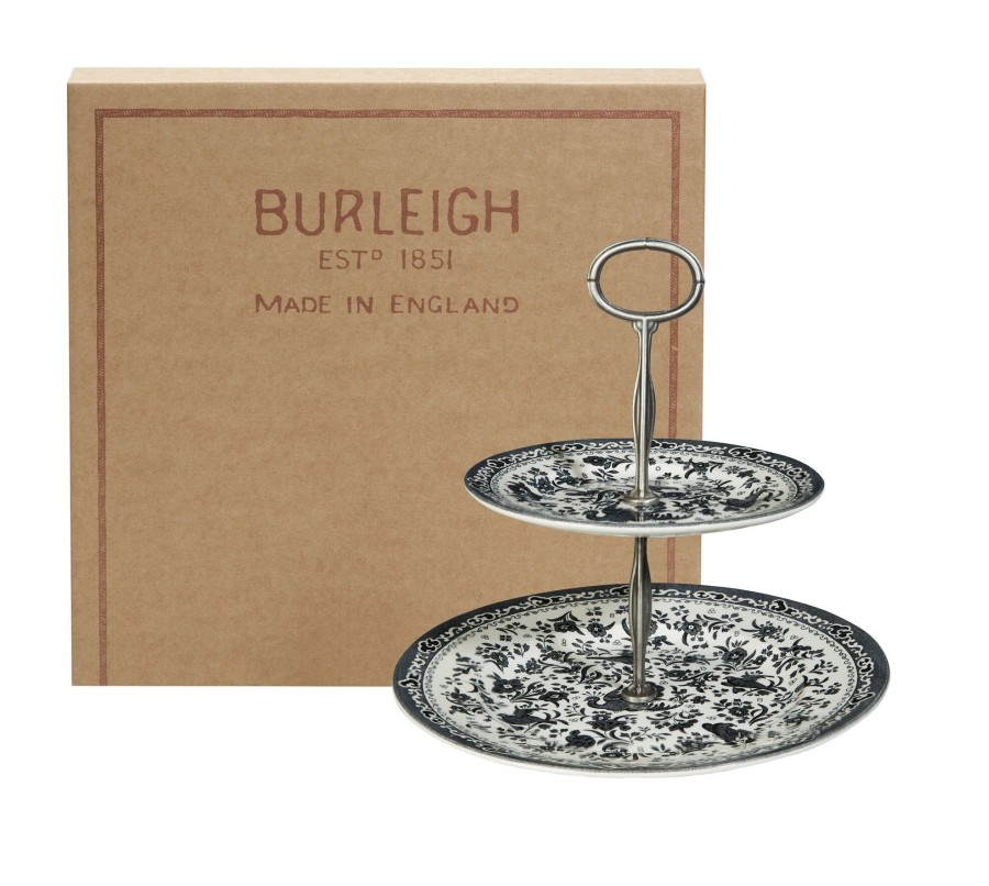 Cake Stands Burleigh Pottery | Black Regal Peacock 2 Tier Cake Stand Gift Boxed (17.5Cm, 25Cm)